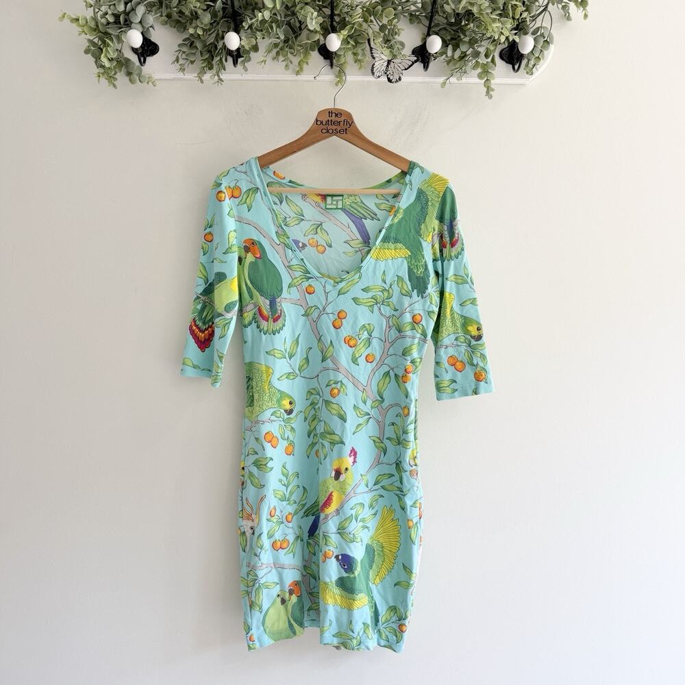 Manuel Canovas Bird Print V Neck Half Sleeve Dress Resort Small gg5779